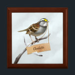 Sparrow Gift Box<br><div class="desc">White-throated sparrow (Zonotrichia albicollis) in the snow. Small wooden board. Custom name. Ideal for gift giving.</div>