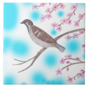 Sparrow in Cherry Blossom Tree Sky Tiles