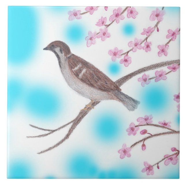 Sparrow in Cherry Blossom Tree Sky Tiles (Front)