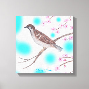 Sparrow in Cherry Blossom Tree Sky Wrapped Canvas
