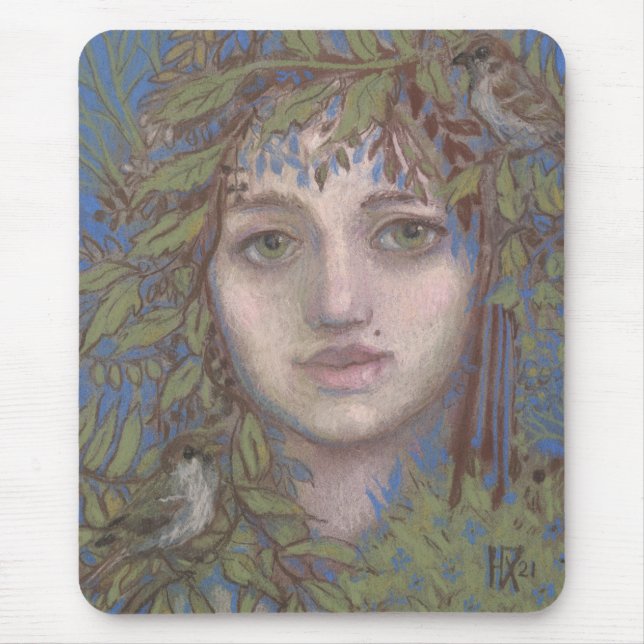 Sparrow Lady Surreal Fantasy Art Portrait Painting Mouse Pad (Front)
