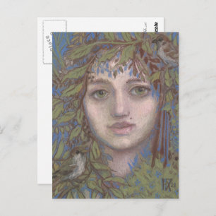 Sparrow Lady Surreal Fantasy Art Portrait Painting Postcard