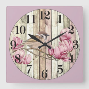 Sparrow on a Pink Flower Square Wall Clock