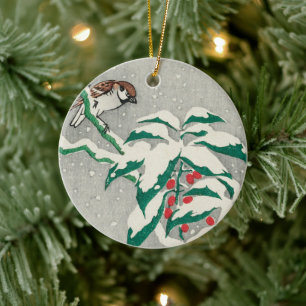 Sparrow On A Snowy Branch, Vintage Ceramic Ornament