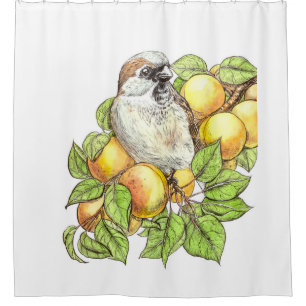 Sparrow on an apricot branch shower curtain