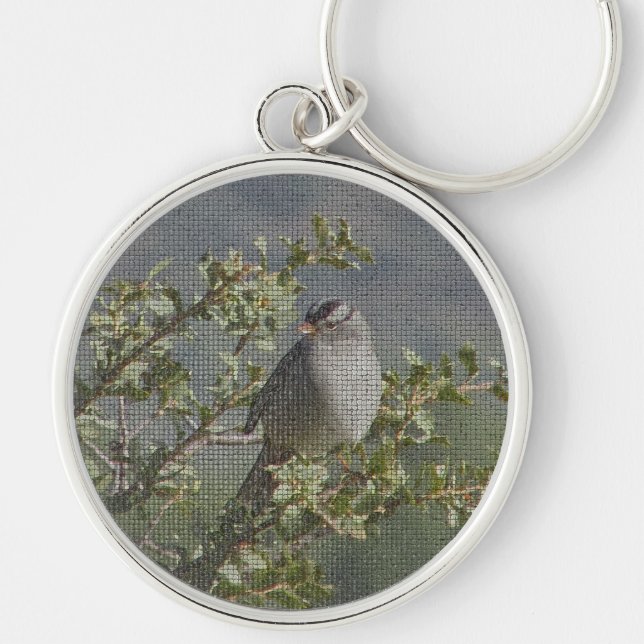 Sparrow on Branch Photo Birdwatcher Mosaic Bird Key Ring (Front)