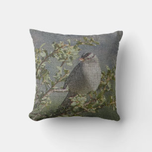 Sparrow on Branch Photo Mosaic Pattern Nature Cushion
