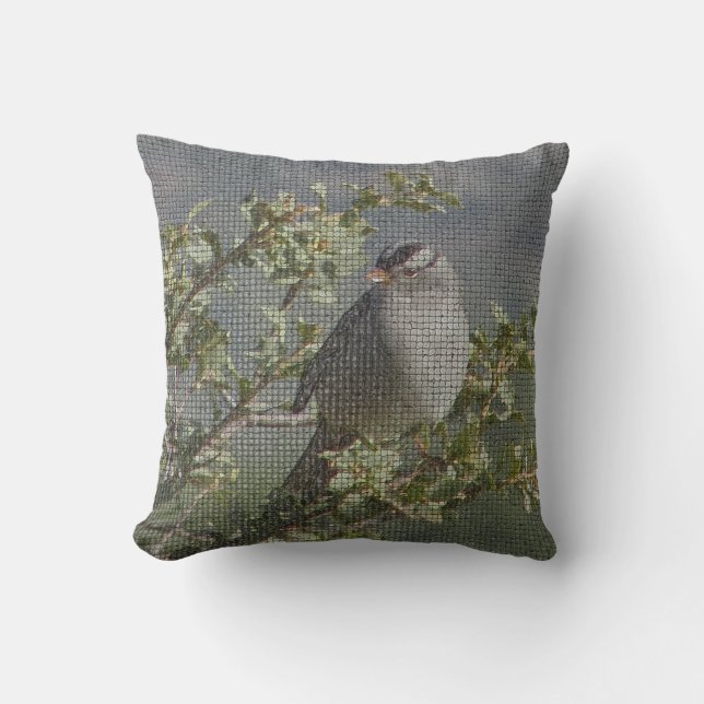 Sparrow on Branch Photo Mosaic Pattern Nature Cushion (Front)