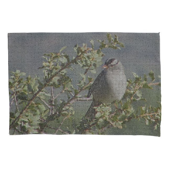 Sparrow on Branch Photo Mosaic Pattern Nature Pillowcase (Front)