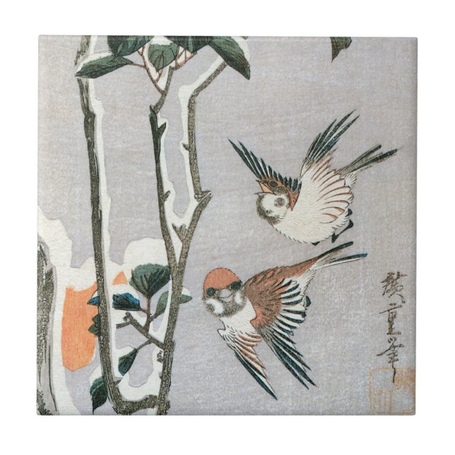 Sparrows and Camellia in Snow by Ando Hiroshige Ceramic Tile (Front)