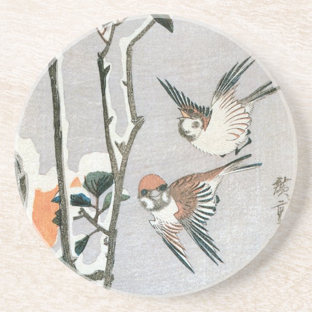 Sparrows and Camellia in Snow by Ando Hiroshige Coaster (Front)