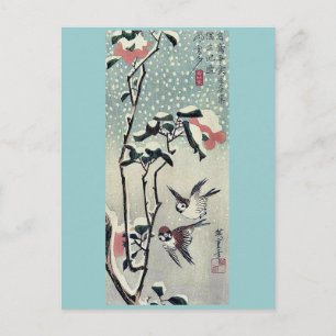 Sparrows and camellias in snow by Ando, Hiroshige Postcard