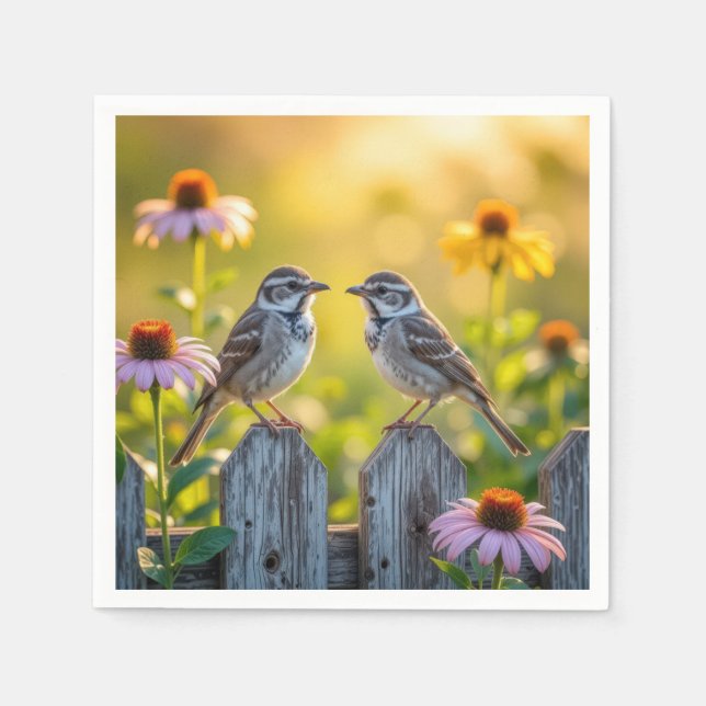 Sparrows and Cone Flowers By a Wood Fence Napkin (Front)