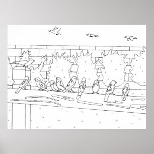 Sparrows Birds meeting on the rail Colouring Poste Poster