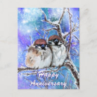Sparrows Couple In Winter Happy Anniversary Card