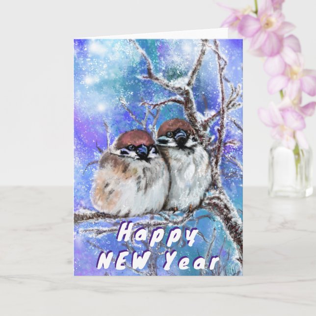 Sparrows Couple In Winter New Year Card (Orchid)