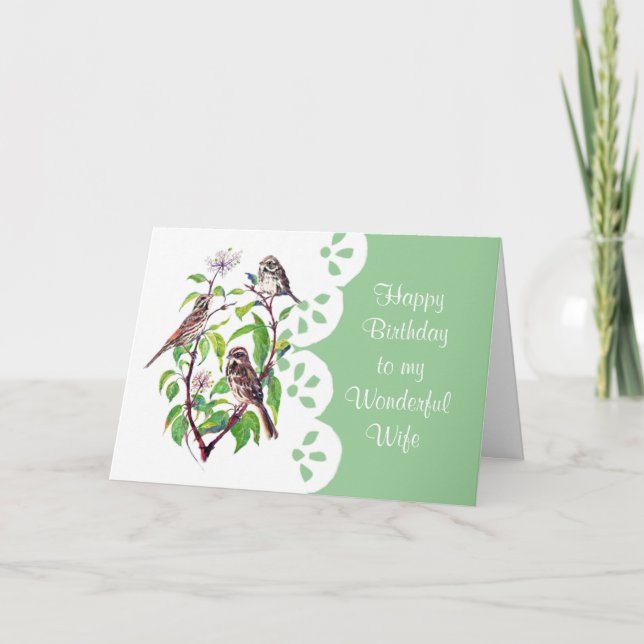 Sparrows Dogwood Watercolor Wife Birthday Garden Card (Front)