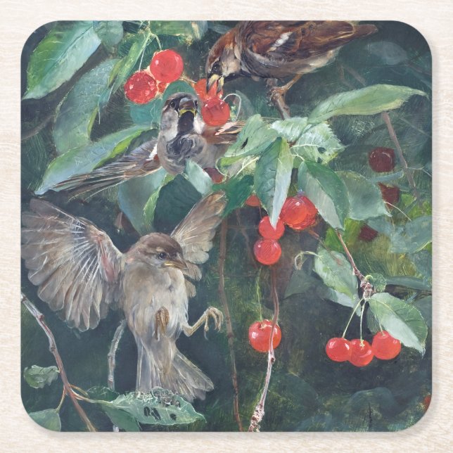 Sparrows in a Cherry Tree, Bruno Liljefors Square Paper Coaster (Front)