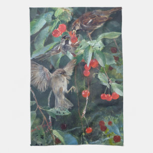Sparrows in a Cherry Tree, Bruno Liljefors Tea Towel