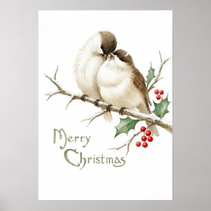 Sparrows on a Christmas Branch Poster