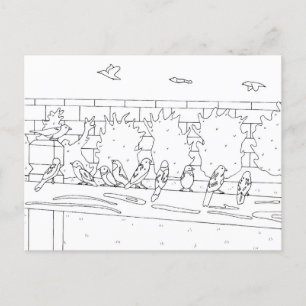 Sparrows on a rail, colouring postcards