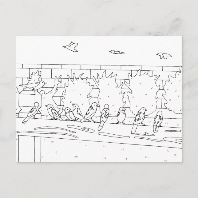 Sparrows on a rail, colouring postcards (Front)