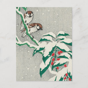 Sparrows on Snowy Berry Bush by Ohara Koson Postcard