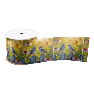 Sparrows Perched On Picket Fence Satin Ribbon