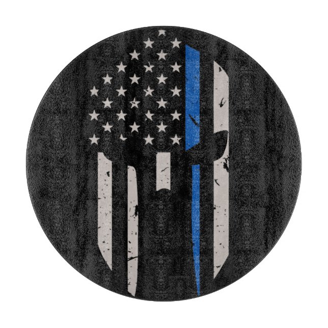 Spartan Helmet Blue Line Flag Cutting Board (Front)