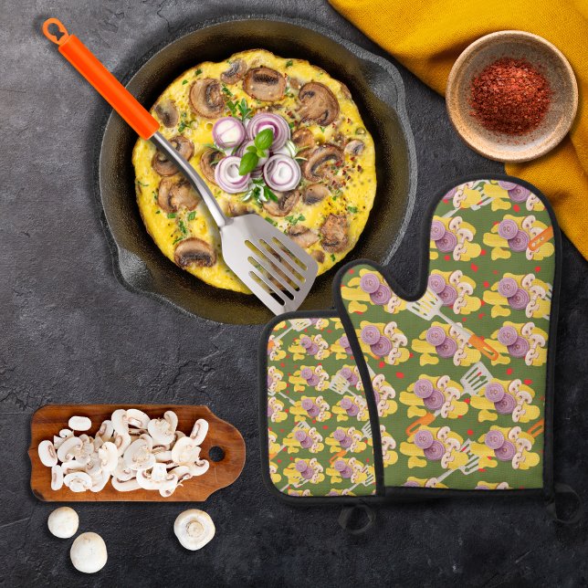 Spatulas and scrambled eggs green oven mitt & pot holder set (Creator Uploaded)