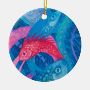 Spawning, fish, underwater art, pastel, blue, pink ceramic tree decoration