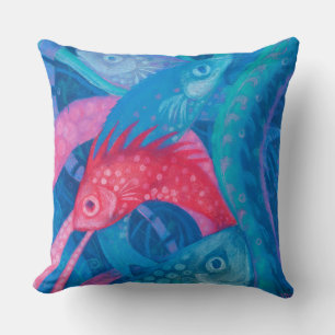 Spawning, fish, underwater art, pastel, blue, pink cushion