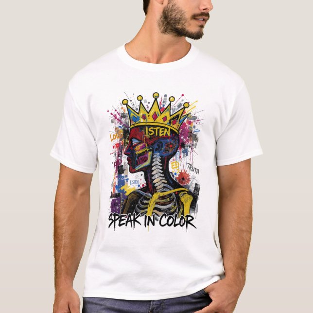 Speak in Colour–Basquiat-Inspired Graffiti Explosi T-Shirt (Front)
