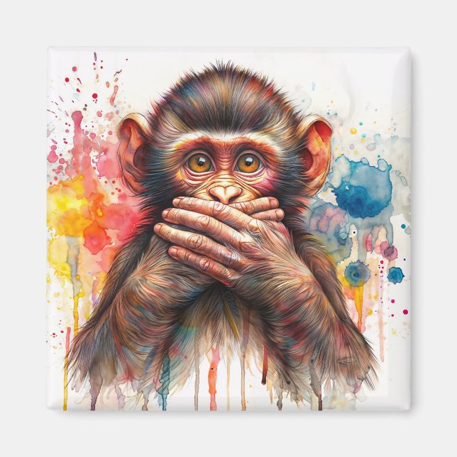 Speak No Evil Monkey Vibrant Watercolor Art Magnet (Front)