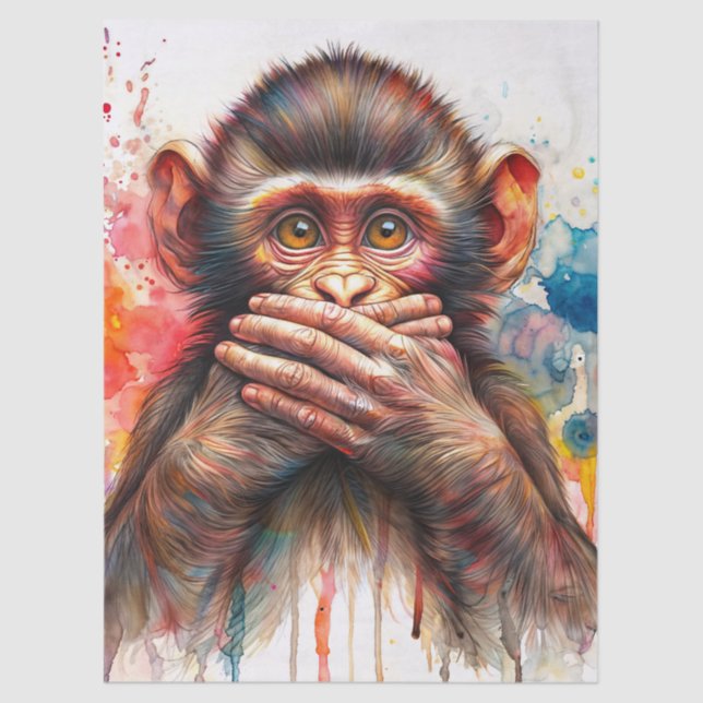 Speak No Evil Monkey Watercolor Art Tissue Paper (Front)