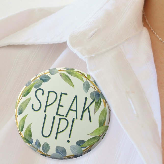Speak Up Mum Hard of Hearing Green Botanical  3 Cm Round Badge (Mockup of pin on woman's blouse)