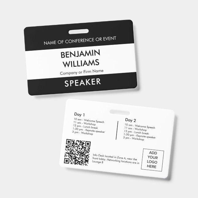Speaker Name Badge QR Black White Logo ID Event (Front & Back)