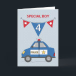 Special Boy 4th Birthday Blue Police Car Card<br><div class="desc">If you are looking for something that will be worthy to gift a special boy with once he celebrates his 4th birthday then you might just have found it already. Two red flags and a blue one hangs on the cover of this card and noticeable the number four is inscribed...</div>