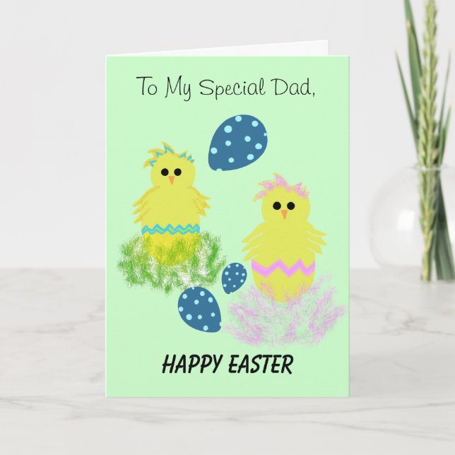 Special Dad Yellow Chicks Blue Dotted Eggs Easter Holiday Card (Front)