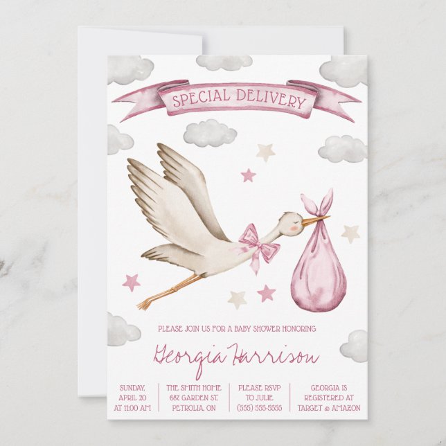 Special Delivery! Baby Girl Pink Stork Baby Shower Invitation (Front)