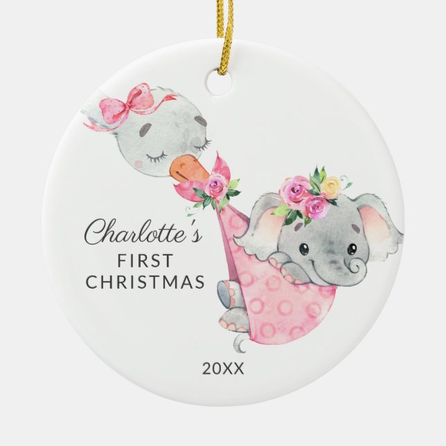 Special Delivery Baby's First Christmas Elephant Ceramic Ornament (Front)