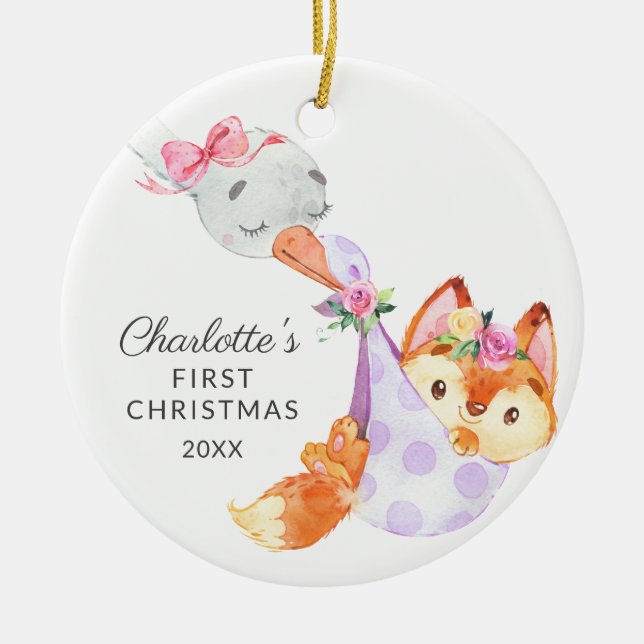 Special Delivery Baby's First Christmas fox Ceramic Ornament (Front)