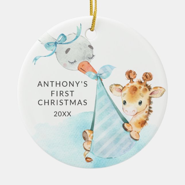 Special Delivery Baby's First Christmas Giraffe Ceramic Ornament (Front)