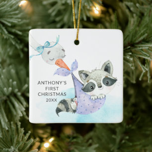 Special Delivery Baby's First Christmas Racoon Ceramic Ornament