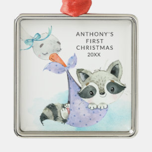 Special Delivery Baby's First Christmas Racoon Metal Ornament