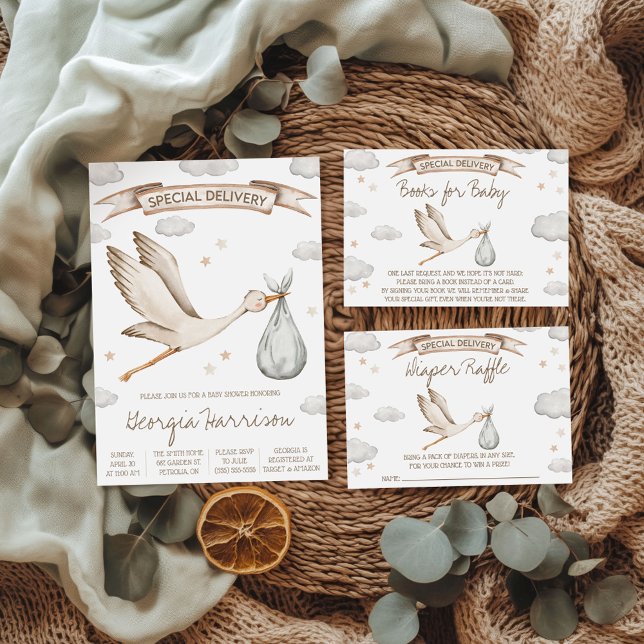 Special Delivery!  Brown and Tan Stork Baby Shower Invitation (Creator Uploaded)