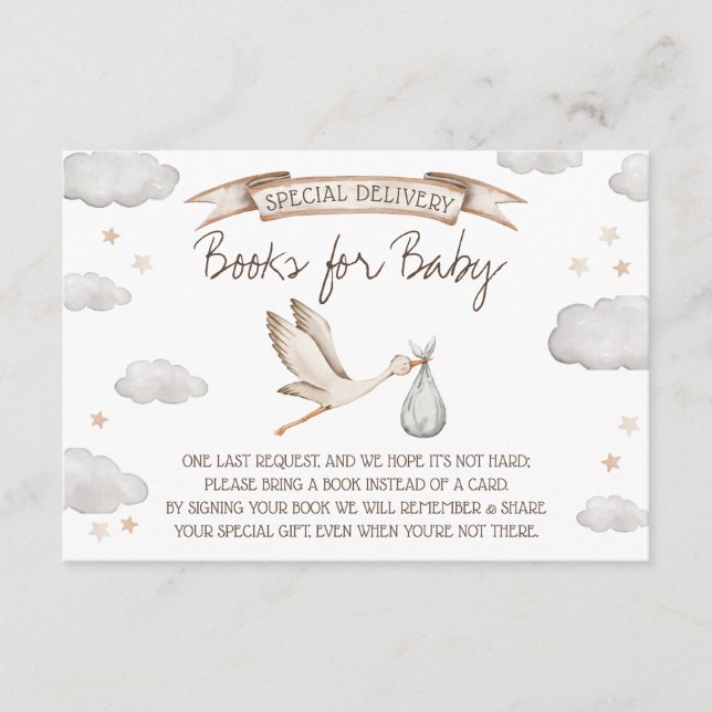 Special Delivery! Brown & Tan Stork Books for Baby Enclosure Card (Front)