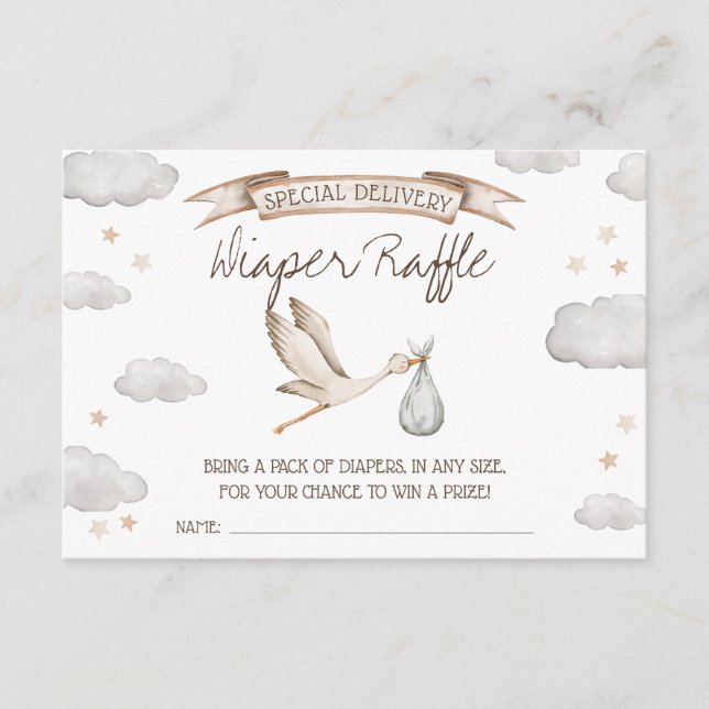 Special Delivery! Brown & Tan Stork Diaper Raffle Enclosure Card (Front)