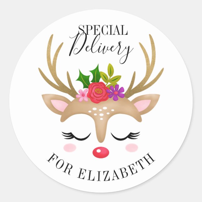 Special Delivery Christmas Cute Reindeer Face Classic Round Sticker (Front)