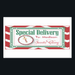 Special Delivery Christmas sticker gift tag<br><div class="desc">Special Delivery from the North Pole Christmas Gift tag Stickers.Festive red and green design with red and white chevron zigzag pattern, Ornate fancy border, a round tag with "Priority post from the North Pole', Space for the kid's name (leave blank if you want to handwrite different names on the stickers)...</div>
